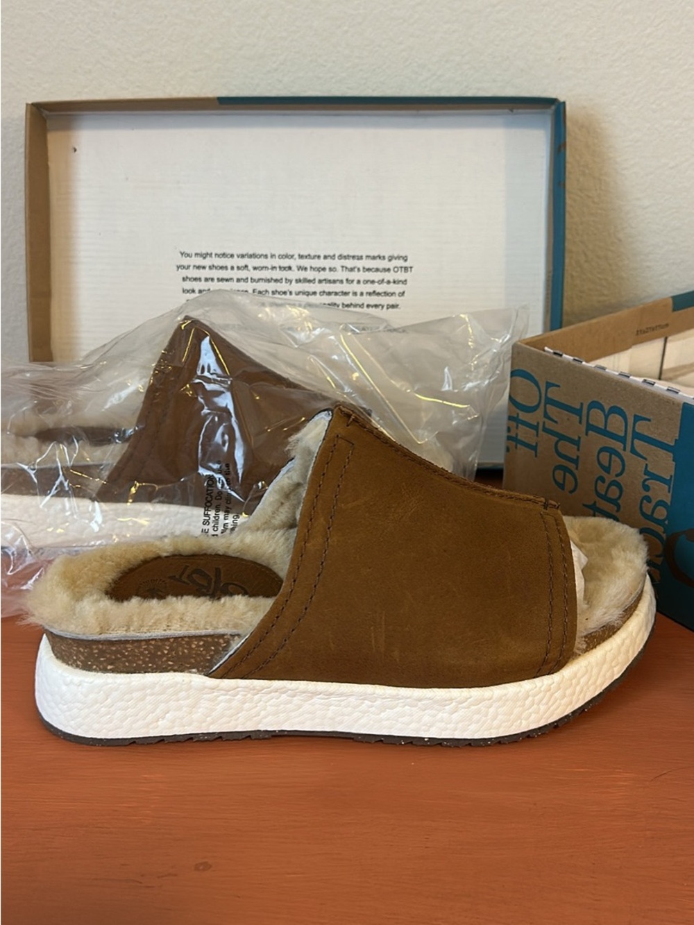OTBT Tan Suede Shearling Slide Sandal